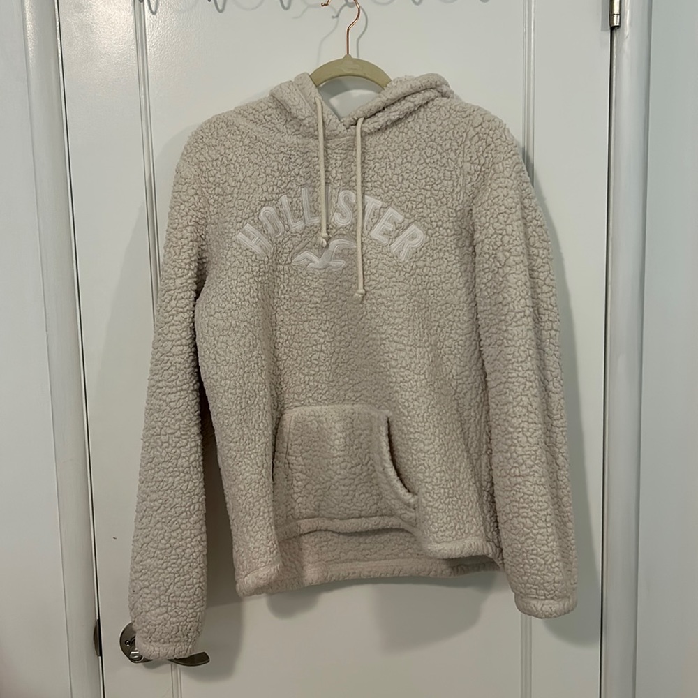 Hollister Cream Logo Sherpa Hoodie Size Large